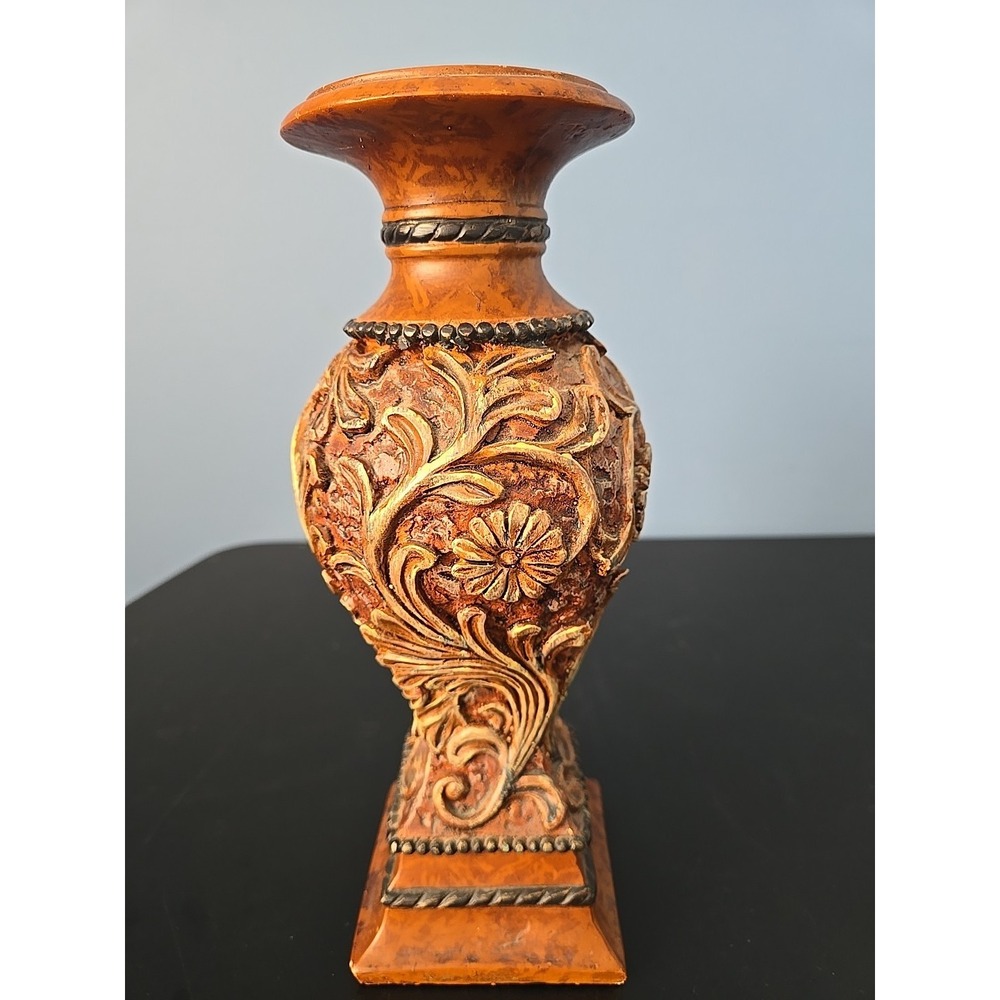 Carved Candlestick Holder Intricate Ornate Flower Details 10" Tall‎